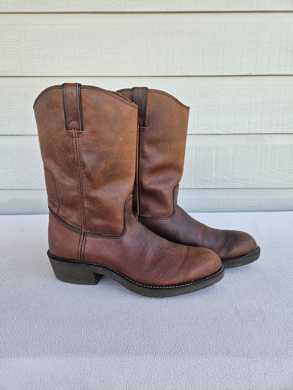 Long Haul USA Brown Leather Cowboy Western Boot Men SZ 10 EE Pull-On Plain Toe